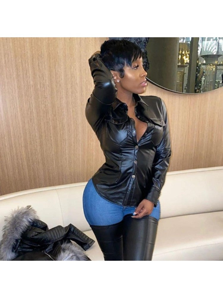 Leather-like Buttom Down Shirt