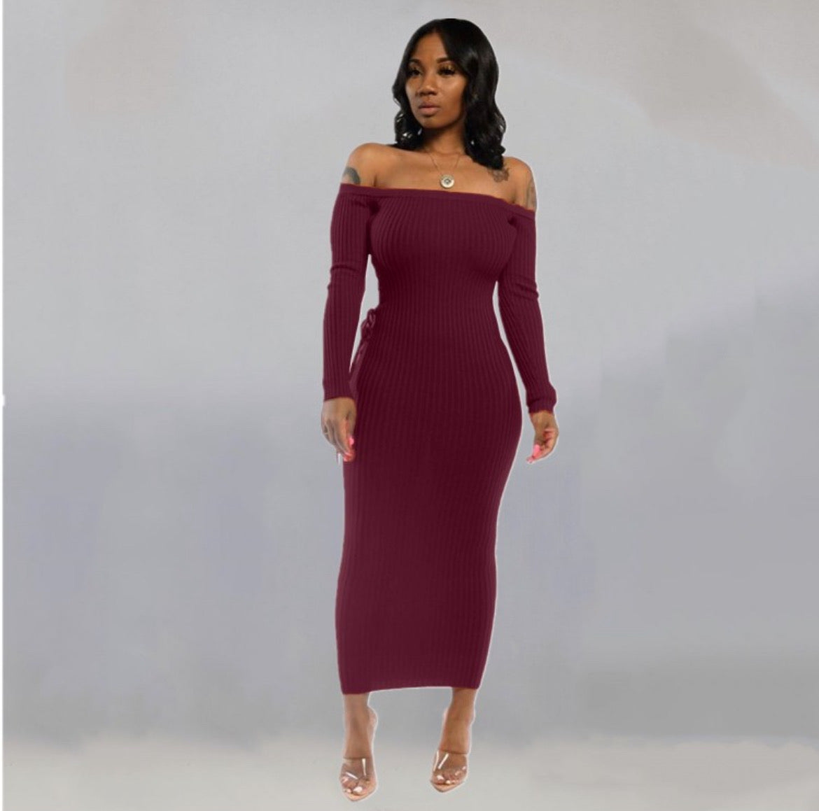 Off Shoulder Burgundy Dress
